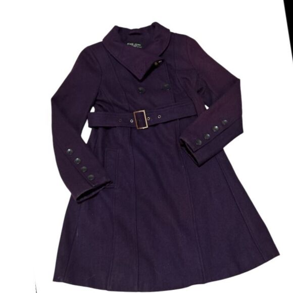 Black Rivet Dark Purple/EggPlant Wool Blend Belted Pea Coat, Size M. - Picture 2 of 10